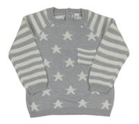 Sivo-biely melírovaný sveter s hviezdičkami a vreckom a pruhmi Bonjour Bébé