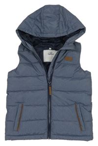 Modro/tmavomodrá melírovaná prešívaná šušťáková zateplená vesta s nášivkou a kapucňou Topolino