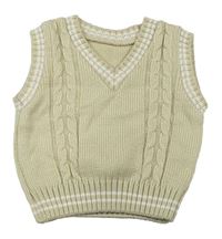 Béžová pletená vesta s copánkovým vzorom a bielymi pruhmi