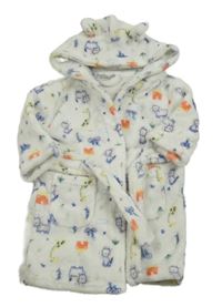 Bílý chlupatý župan s kočkami a kapucí