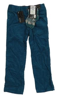 Nové - 2set - Petrolejové manšestrové kalhoty + šedo-petrolejové pruhované ponožky M&S