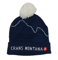 Tmavomodrá čepice s nápisem a bambulí