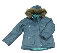 Modrozelená melírovaná šusťáková zimní funkční bunda s kapucí s kožešinou Decathlon