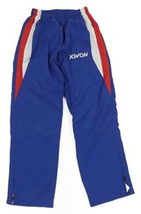 Modro-červeno-biele šušťákové podšité nohavice s nápisom