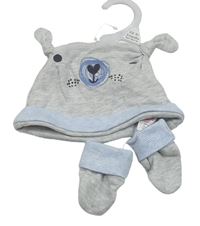 Nové - 2set - Sivo-svetlomodrá čapica s medvídkem + rukavice F&F