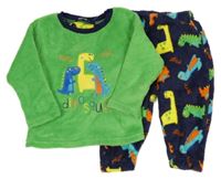 Zeleno-tmavomodré chlpaté pyžama s dinosaurami