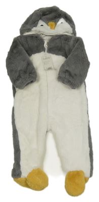 Nové - bílo-šedá chlupatá podšitá kombinéza s kapucí - tučňák Peacocks