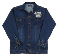 Tmavomodrá riflová bunda s nápisem 