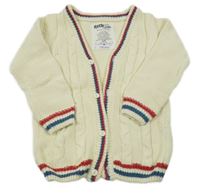 Smetanový propínací svetr s modro-červeným lemem 