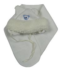 2 set - bílá fleecová čepice s medvědem + bílá fleecová šála 