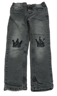 Tmavošedé podšité skinny rifle s korunkami z flitrů Kiki&Koko