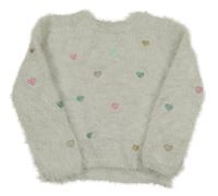 Bílošedý chlupatý svetr s výšivkami srdíček H&M