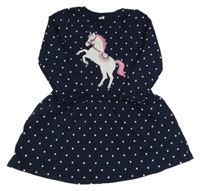 Tmavomodré puntíkaté teplákové šaty s jednorožcem s flitry Topolino