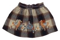 Fialovo-smotanová vlnená kockovaná sukňa s koníky