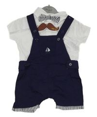 Nové - 2 set - bílé košilové body s motýlkem + tmavomodré laclové kraťasy 