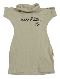 Bílo-zlaté třpytivé žebrované svetrové šaty s nápisem a límcem 