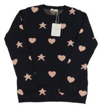 Nové - Tmavomodro-ružový sveter so srdiečkami a hviezdami