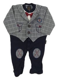 Tmavomodro-bílý overal s našitým melírovaným kostkovaným sakem 