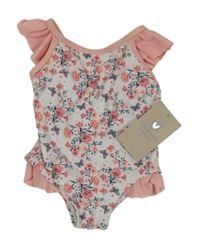 Nové - Bílo-růžovo-zelené květované jednodílné plavky Primark