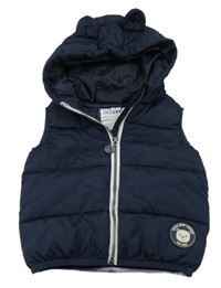 Tmavomodrá šusťáková zateplená vesta s medvědem a kapucí Dopodopo