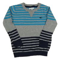 Azurovo-sivo-tmavomodrý pruhovaný sveter s výšivkou Bluezoo