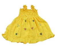 Žlté plátenné žabičkové šaty s kvietkami