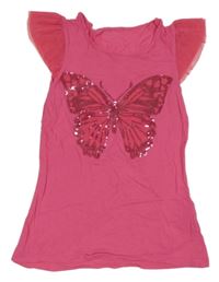 Tmavoržůové tričko s motýlom a flitrami