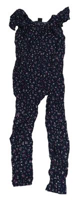 Tmavomodrý kvetovaný ľahký nohavicový overal Kiki&Koko
