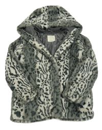 Sivý vzorovaný kožušinový podšitý kabát s kapucňou