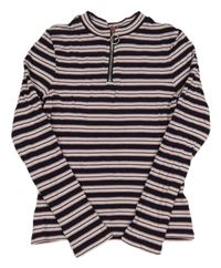 Tmavomodro-bielo-ružovo-vínové pruhované rebrované tričko so zipsom S. Oliver