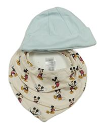 2set - Světlemodrá čepice s mývalem + béžový slinták s Mickeym 