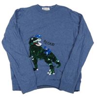Modrý sveter s dinosaurem z flitrů H&M