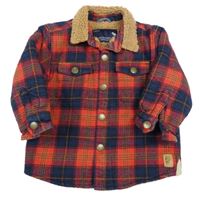 Tmavomodro-červeno-béžová kostkovaná flanelová zateplená košilová bunda Next