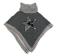 Sivo-svetloružové pletené pončo s hvězdičkami z flitrů a rolákom