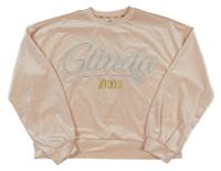 Svetloružová zamatová trblietavá crop mikina s nápisom Wicked