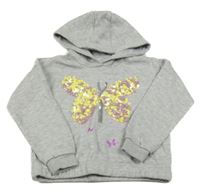 Sivá melírovaná crop mikina s motýlem z flitrů a kapucňou Primark