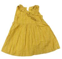 Okrové pruhované bodkovaná é melírované plátenné šaty s volánikmi Nutmeg
