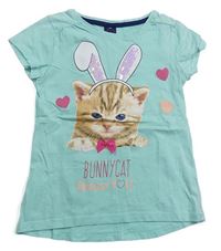 Mentolové tričko s mačičkou s flitrami a srdiečkami Kiki&Koko