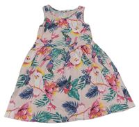 Svetloružové šaty s papoušky a kvetmi a lístečky H&M