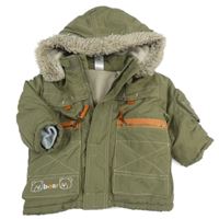 Khaki šušťáková zimná bunda s medvedíkmi a odopínacíá kapucňou s kožešinou C&A