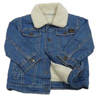 Modrá rifľová zateplená bunda s huňatým golierikom F&F