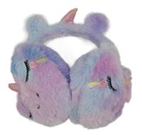 Lila-světlemodro-fialovo-růžové chlupaté klapky na uši s jednorožcom
