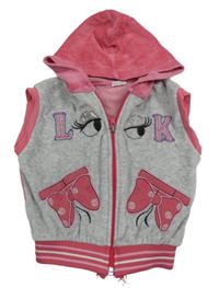 Sivo-ružová melírovaná zamatová prepínaci vesta s očima a mašľami a kapucňou