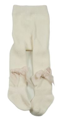 Smetanové žebrované teplé punčocháče s mašlemi 