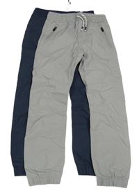 Nové - 2x - Kostkované cuff plátěné kalhoty - Šedé, tmavomodré F&F