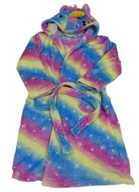 Barevný duhový plyšový župan s hvězdičkami a kapucí - jednorožec