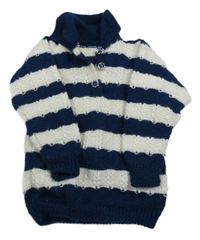 Tmavomodro-biely pruhovaný vzorovaný vlnený sveter s golierikom