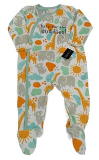 Nové - bielo-světleolivový vzorovaný zamatový overal so zvieratkami a sluníčky a listami St. Bernard