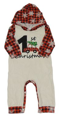 Smetanovo-kostkovaný overal s číslem a kapucí