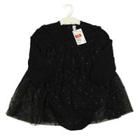 Nové - Čierne bavlněno/tylové šaty s hviezdami a všitým body H&M